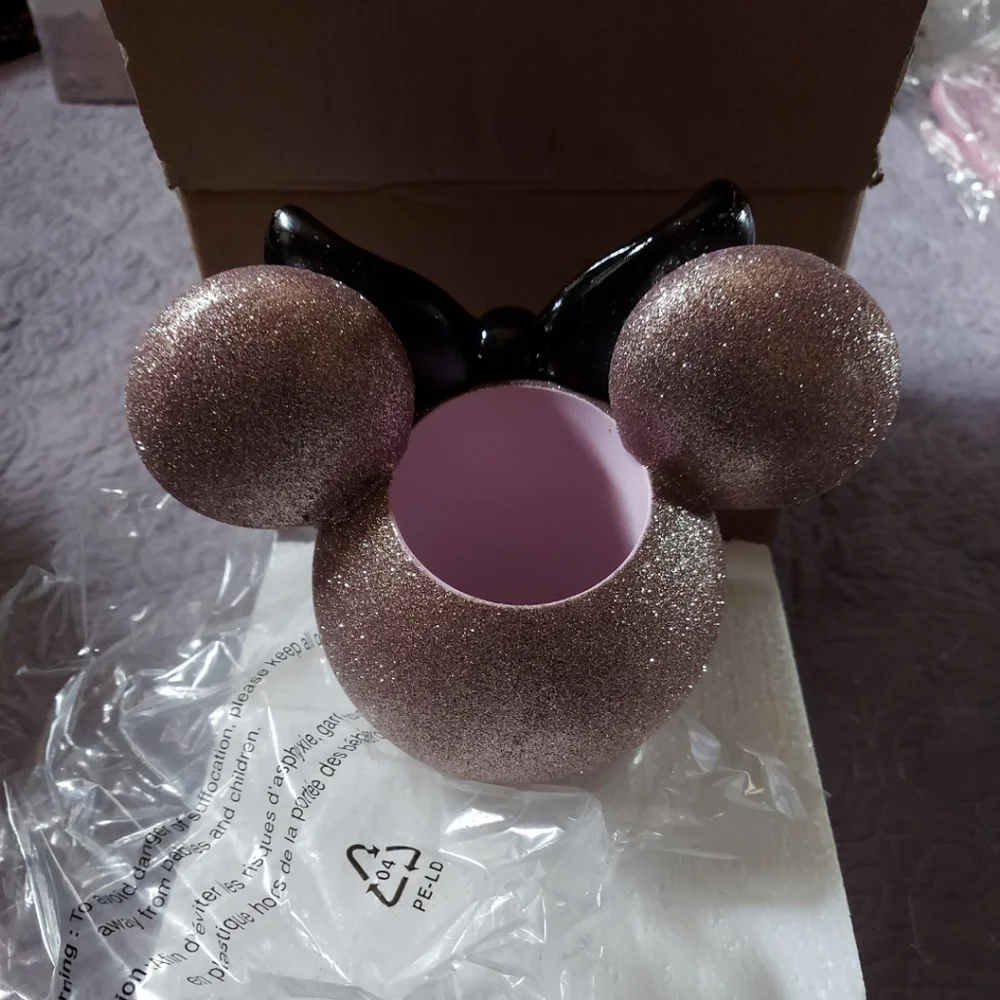 Glittery Pink Minnie Mouse Ears Black Bow Ceramic Accessory Makeup Tumbler BNWT